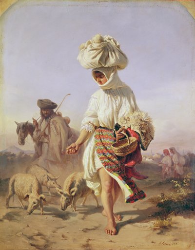 Peasant Girl Feeding Pigs by Karoly Sterio